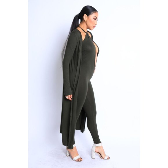 Women's Sexy Open Center Halter Jumpsuit with Cardigan Set Black Cross Neck - Picture 7 of 8